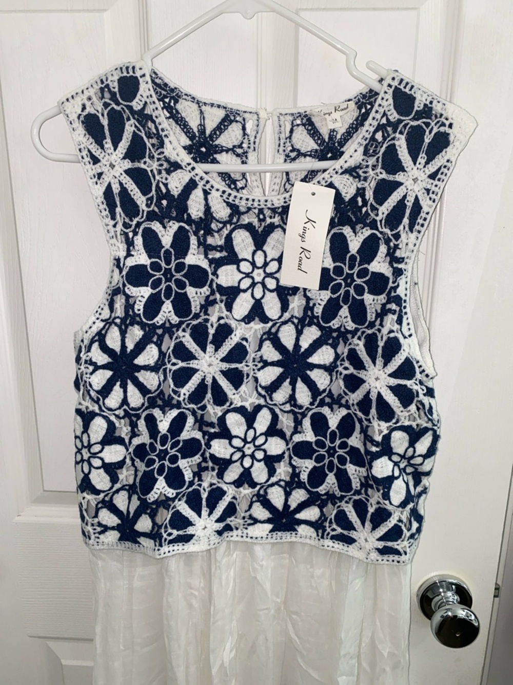 White Maxi Dress with Navy Floral Crochet Bodice - Picture 3 of 7